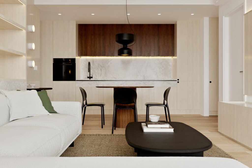 Moderná kuchyňa na mieru s mramorovou zástenou a kombináciou svetlej dýhy v 2-izbovom byte.